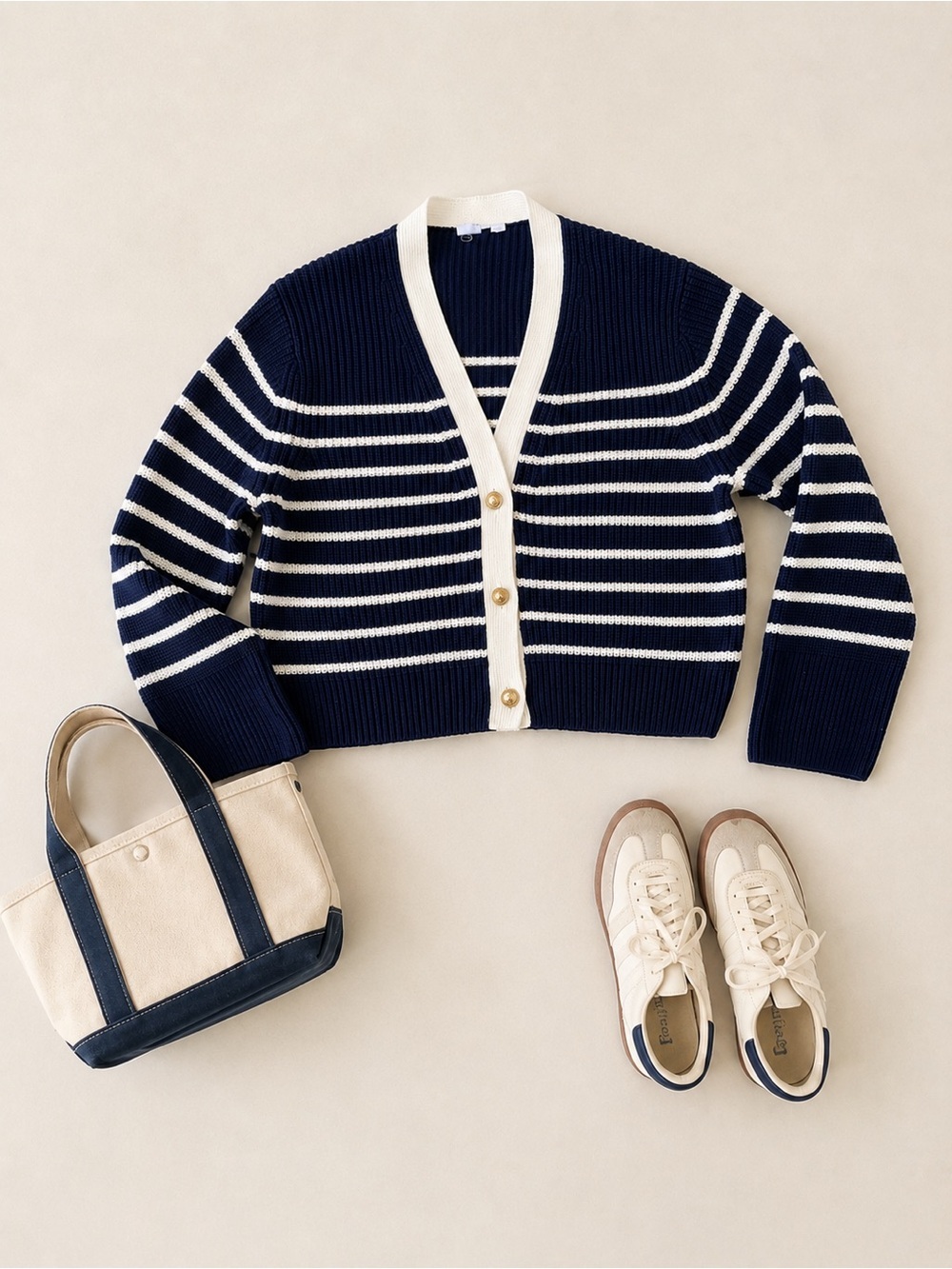 GAP Navy and White Oversized Striped V-Neck Cardigan With Gold Buttons